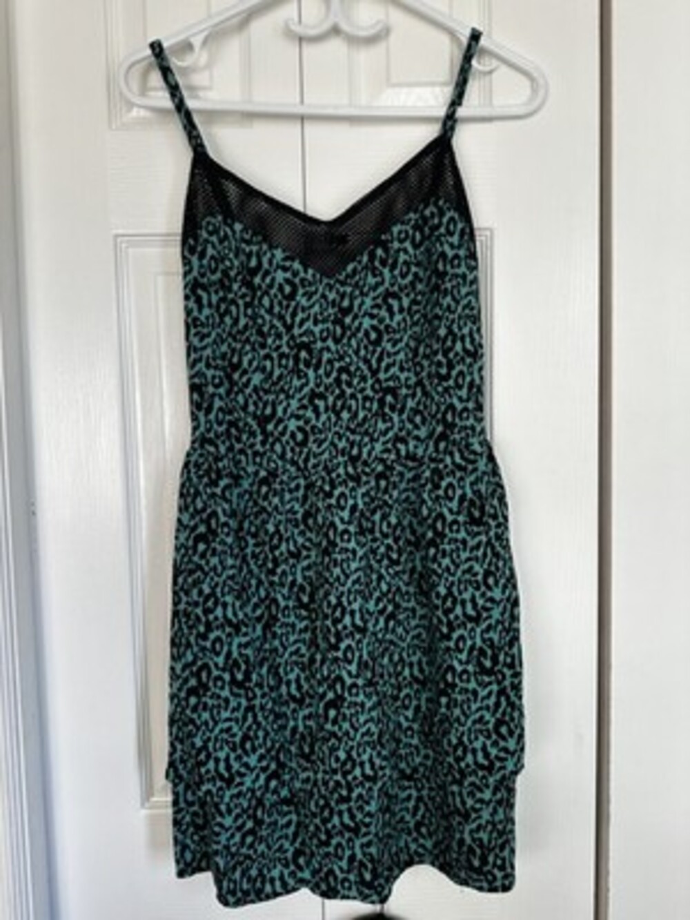 Bebe Teal Leopard Print Mini Dress with Mesh Inset #57